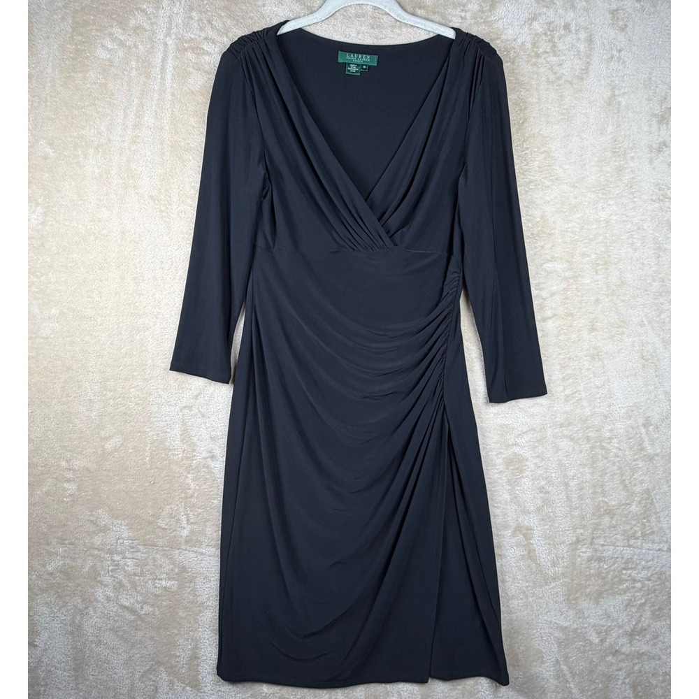 Lauren Ralph Lauren Cocktail Black Ruched V Neck 3/4 Sleeve Sheath Dress Size 10